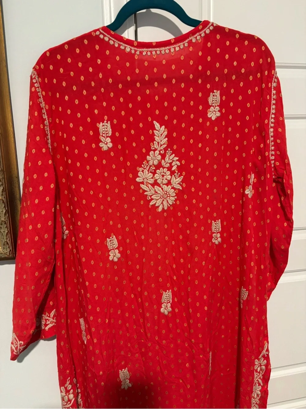 Johnny Was Type Red Tunic Top with Cream Floral Embroidery - Picture 9 of 11